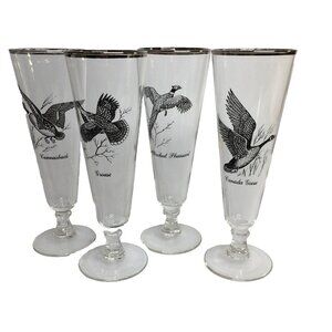 4 Federal Footed Pilsner Beer Glass Game Birds Silver Rim Barware Man Cave Vtg